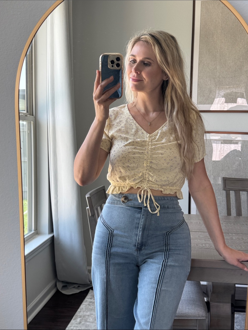 Ruched V-Neck Cropped Top in Light Butter Yellow with Subtle Tiny Purple Florals - Picture 11 of 14